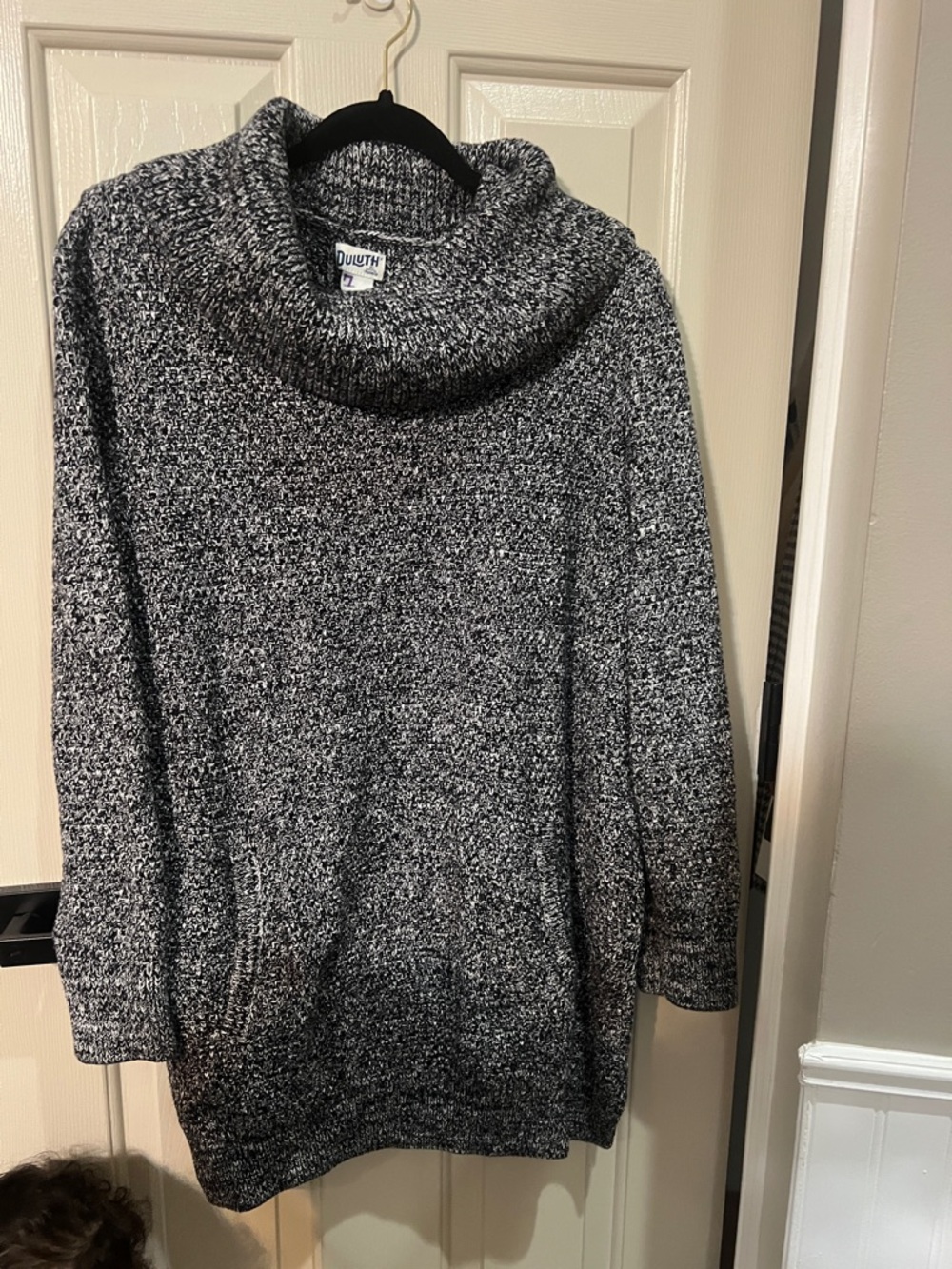 Duluth Trading Co Marled Black and White Cowl Neck Sweater